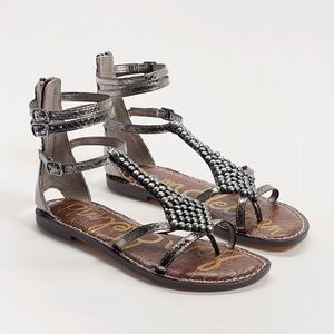 Sam Edelman Ginger Beaded Gladiator Sandals - Gunmetal Metallic Shoes Flats 8